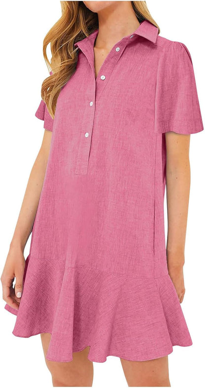 Women‘s Sleeveless Shirt Dress Ruffle Hem Tank Dress Button V Neck Swing Shift Mini Dresses Lapel Collar Tunic Dress