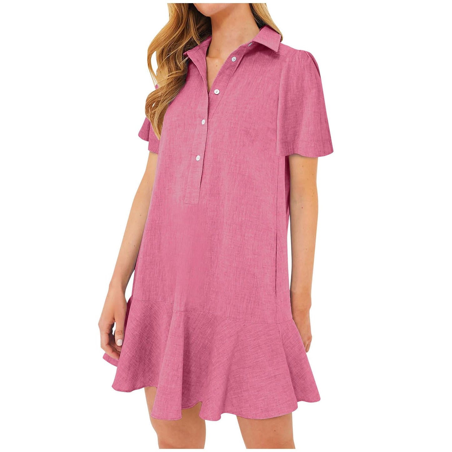 Women‘s Sleeveless Shirt Dress Ruffle Hem Tank Dress Button V Neck Swing Shift Mini Dresses Lapel Collar Tunic Dress