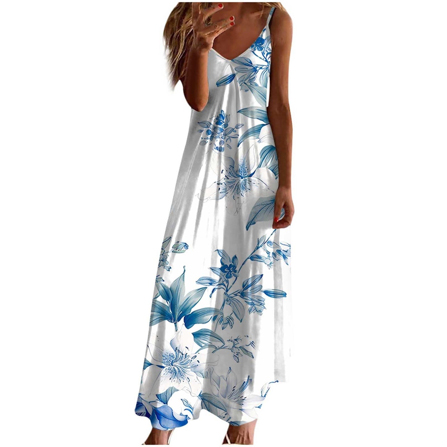Ceboyel Women Floral Spaghetti Strap Sundress Casual Summer Long Maxi Dress Vneck Sexy Boho Dresses Trendy Beach Clothes
