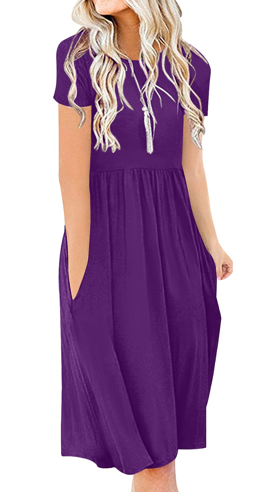 DB MOON Women Summer Casual Short Sleeve Dresses Empire Waist Dress with Pockets