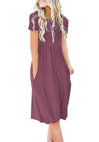 DB MOON Women Summer Casual Short Sleeve Dresses Empire Waist Dress with Pockets