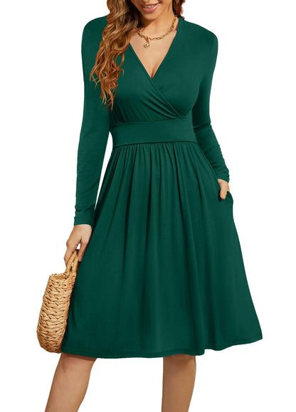 WEACZZY Women's 2026 Fall Long Sleeve Casual Dresses Wrap V-Neck Semi Formal Party Dress with Pockets