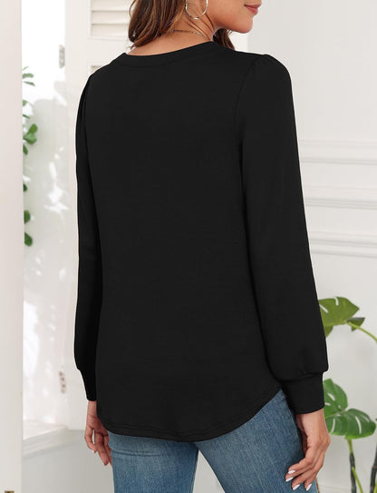 WEACZZY Women Long Sleeve Shirts Crew Neck Tunic Tops Soft Casual Blouses Creased Design Curved Side Hem Fashion Outfits 2026