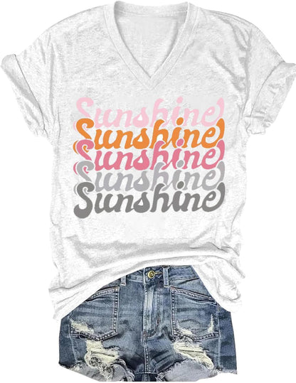 YEXIPO Womens Graphic Tees V-Neck T Shirts Spring Short Sleeve Funny Letter Print Casual Loose Cute Summer Tops