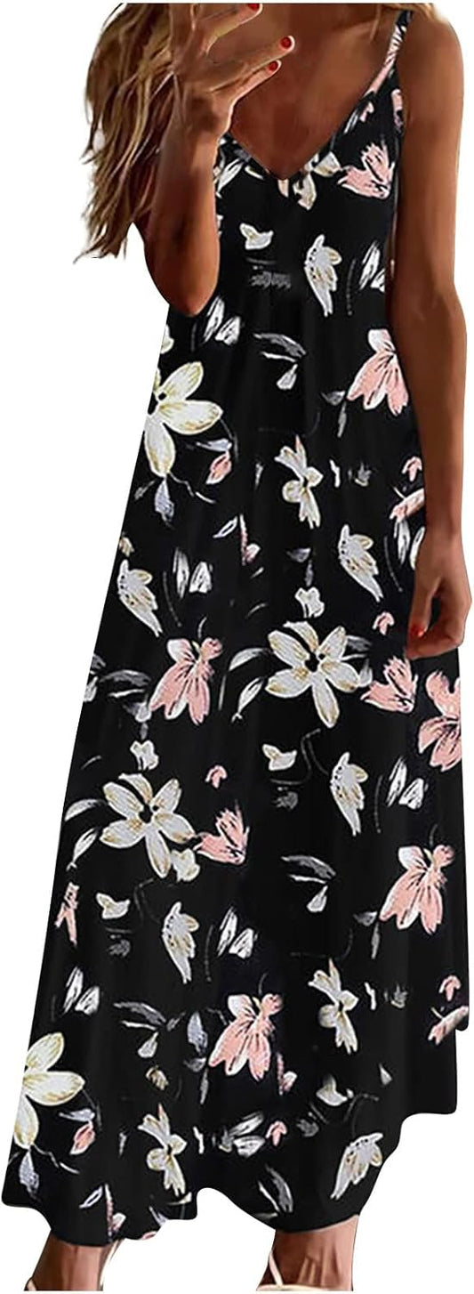 Ceboyel Women Floral Spaghetti Strap Sundress Casual Summer Long Maxi Dress Vneck Sexy Boho Dresses Trendy Beach Clothes
