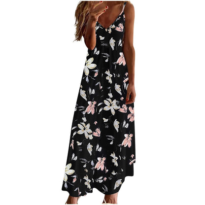 Ceboyel Women Floral Spaghetti Strap Sundress Casual Summer Long Maxi Dress Vneck Sexy Boho Dresses Trendy Beach Clothes