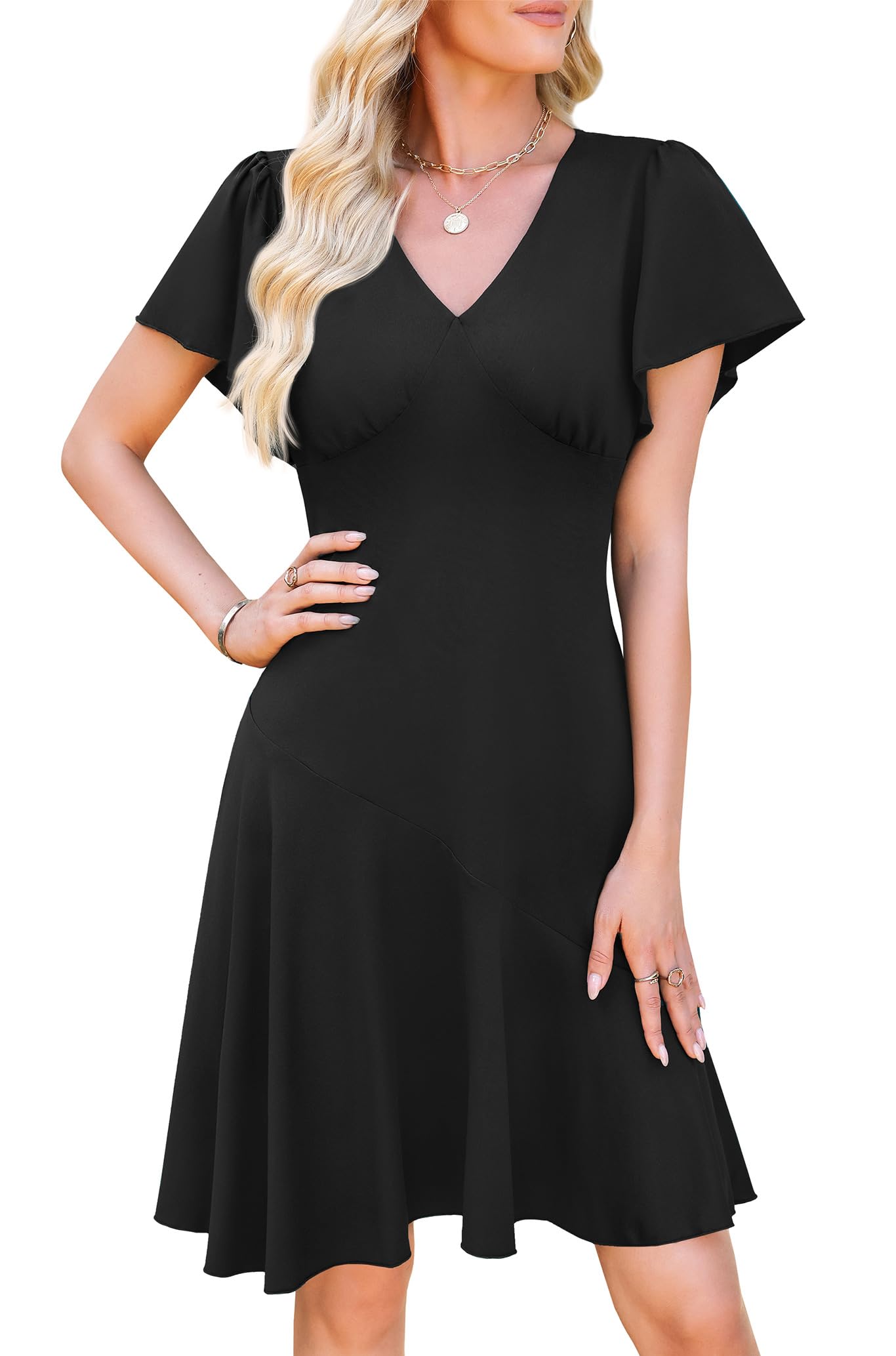 WEACZZY Casual Dresses for Women Flowy V Neck Ruffle Short Sleeves Flare Cocktail Party Dress Asymmetry Ruffle Hem