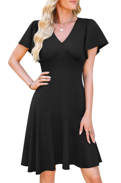 WEACZZY Casual Dresses for Women Flowy V Neck Ruffle Short Sleeves Flare Cocktail Party Dress Asymmetry Ruffle Hem