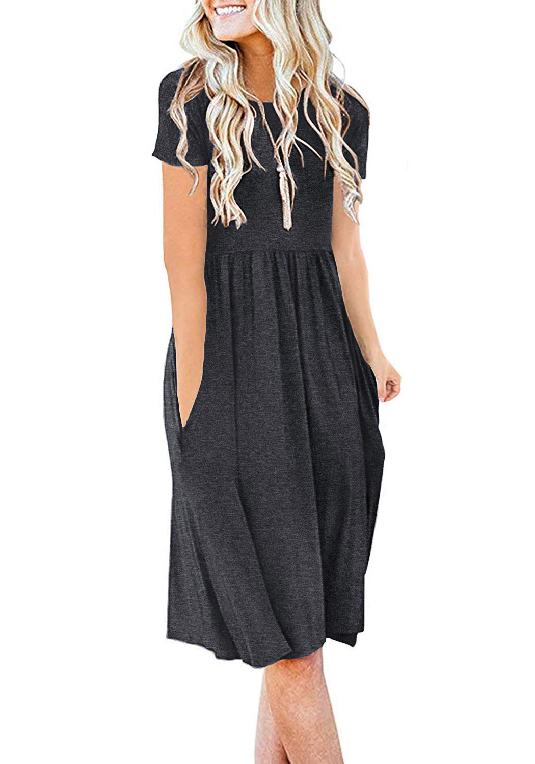 DB MOON Women Summer Casual Short Sleeve Dresses Empire Waist Dress with Pockets