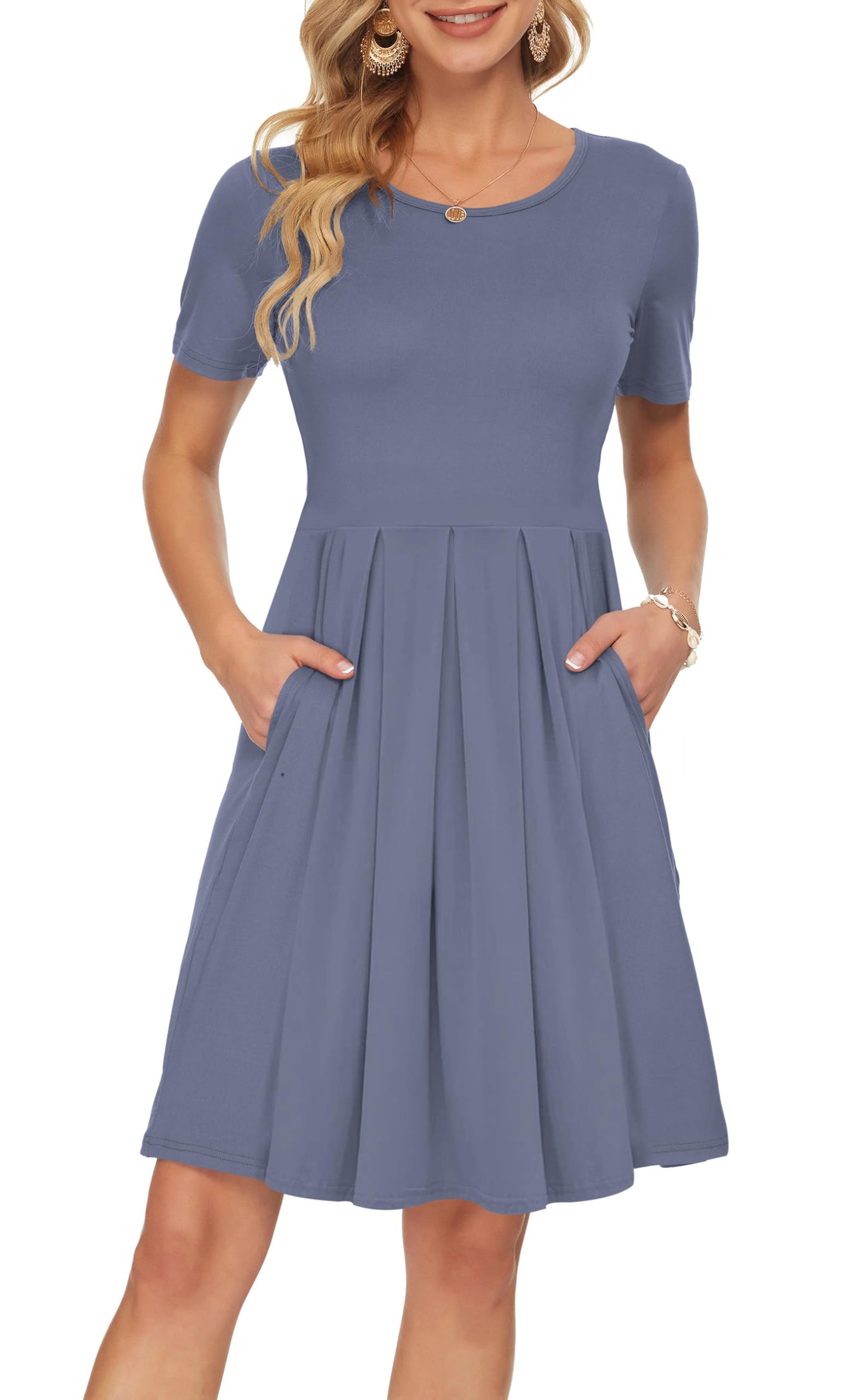 AUSELILY Women's Short Sleeve Summer Dress Pleated Loose Swing Knee Length Dresses with Pockets 2026 New