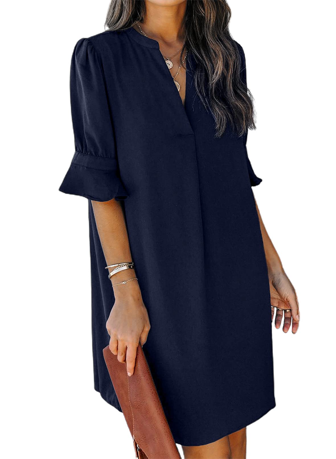 QACOHU Summer Dresses for Women V Neck Ruffle Short Sleeve Casual Shift Dress