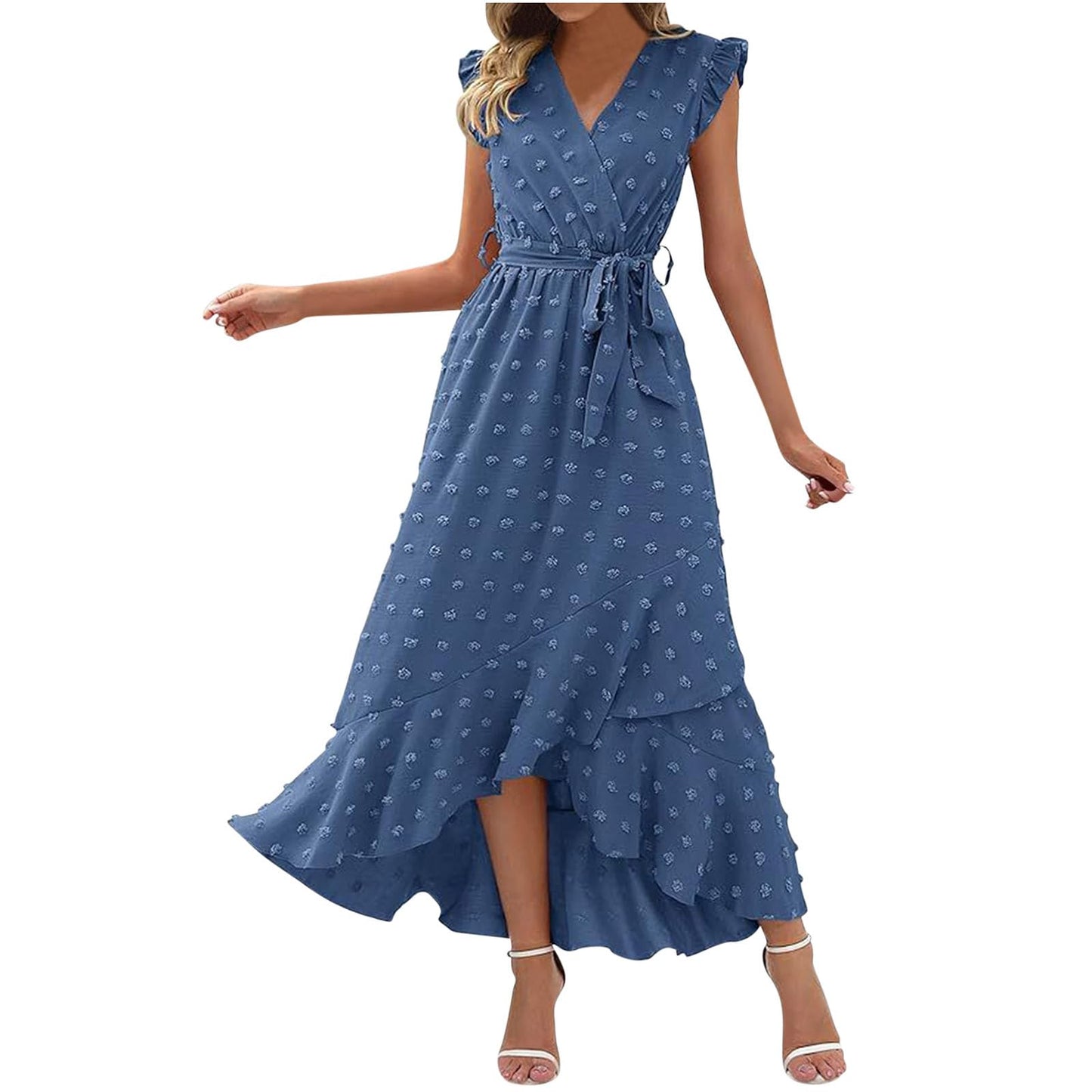 Women's Swiss Dot Dress Criss Cross V Neck Ruffle Wrap Dress Sleeveless Side Split Swing Flowy Long Maxi Dresses