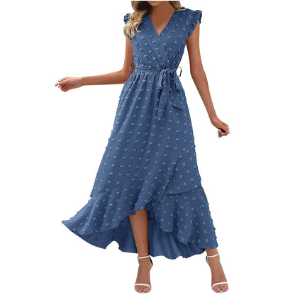 Women's Swiss Dot Dress Criss Cross V Neck Ruffle Wrap Dress Sleeveless Side Split Swing Flowy Long Maxi Dresses
