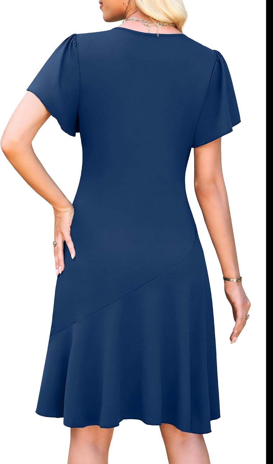 WEACZZY Casual Dresses for Women Flowy V Neck Ruffle Short Sleeves Flare Cocktail Party Dress Asymmetry Ruffle Hem