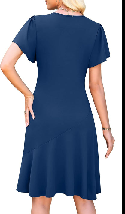 WEACZZY Casual Dresses for Women Flowy V Neck Ruffle Short Sleeves Flare Cocktail Party Dress Asymmetry Ruffle Hem