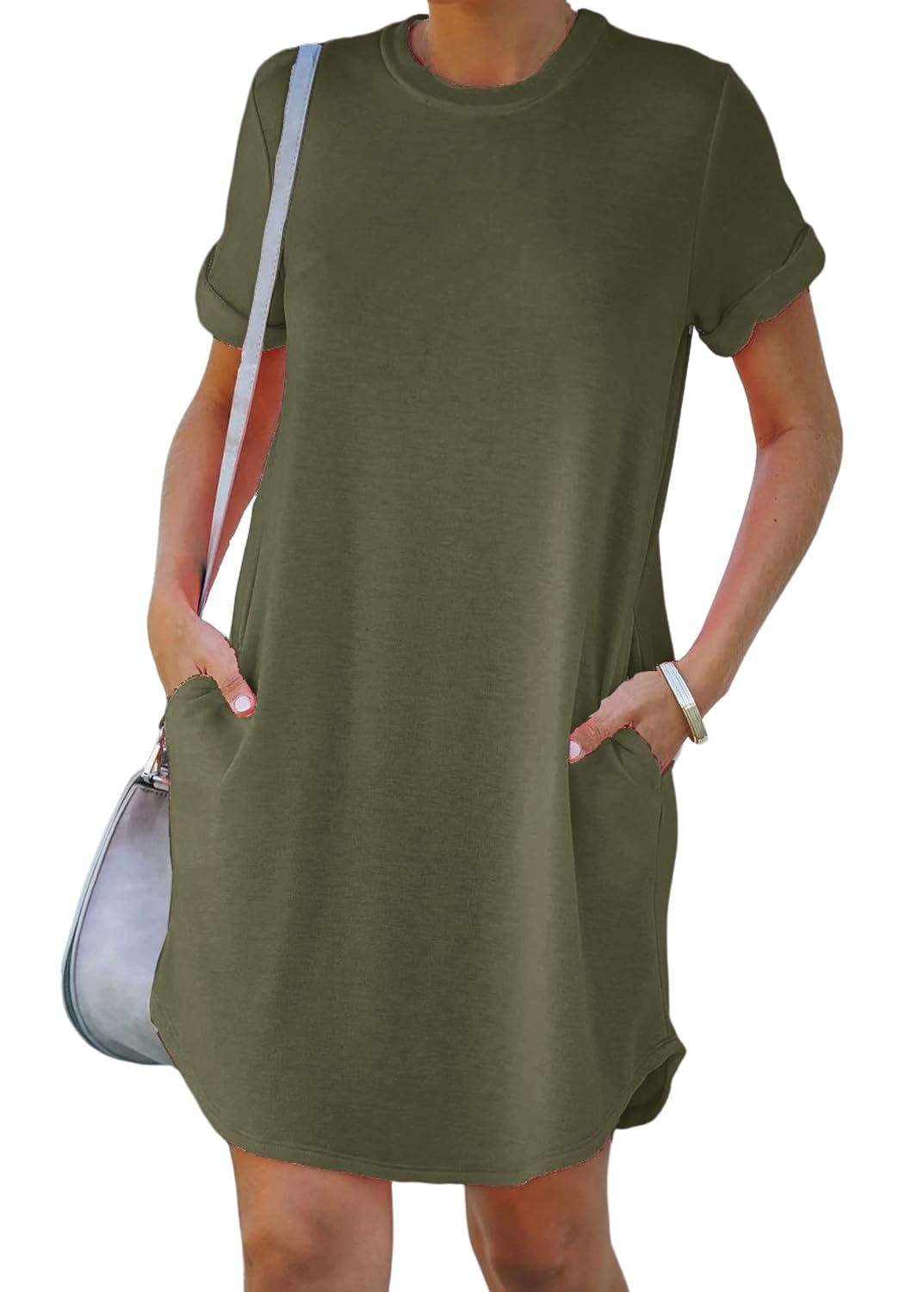 YEXIPO Women's Casual Summer Short Sleeve T Shirt Dress Nightgown Crew Neck Loose Solid Color Basic Dresses with Pockets