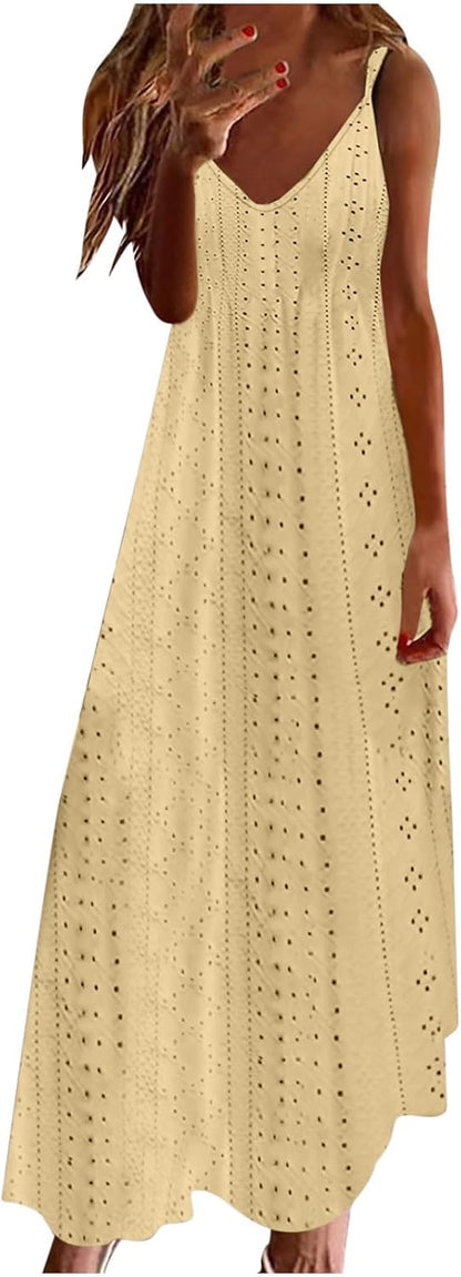 Women Strap Summer Dress Eyelet V Neck Spaghetti Midi Dresses Casual Solid A-Line Flowy Sundress Beach