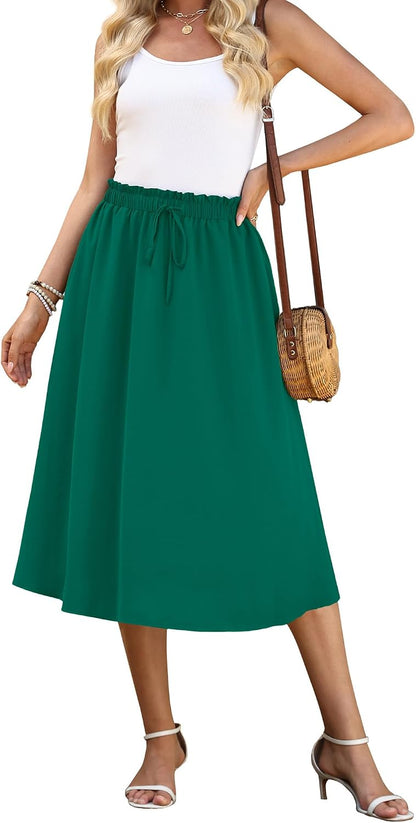 WEACZZY Women's Flowy Midi Skirt Drawstring Elastic A-Line Pleated Design | Two Side Pockets, High-Waist, Lightweight Stretch Polyester, Breathable Comfortable, Casual Beach, Work & Party Summer Skirt