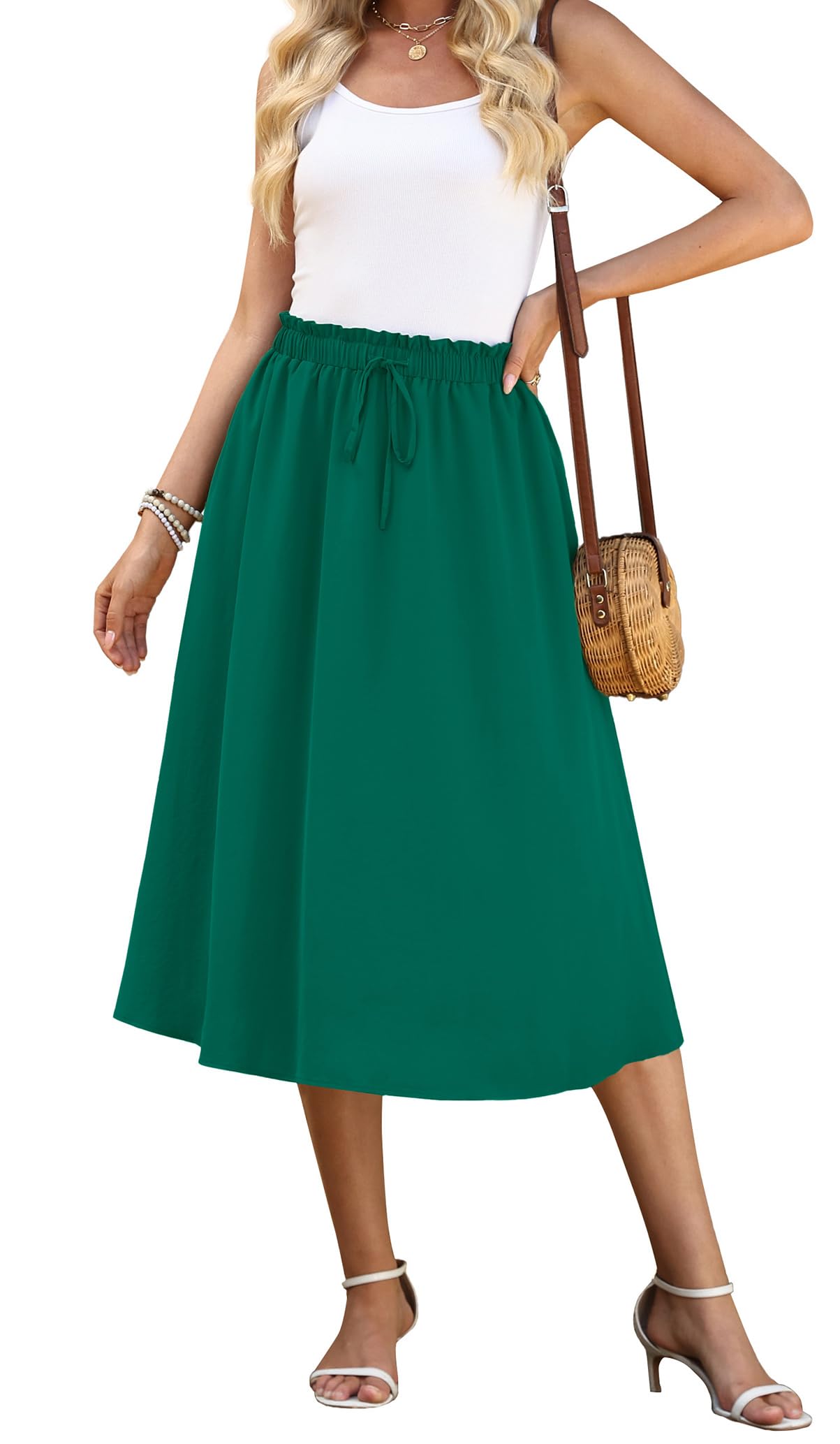 WEACZZY Women's Flowy Midi Skirt Drawstring Elastic A-Line Pleated Design | Two Side Pockets, High-Waist, Lightweight Stretch Polyester, Breathable Comfortable, Casual Beach, Work & Party Summer Skirt