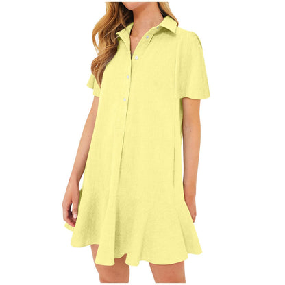 Women‘s Sleeveless Shirt Dress Ruffle Hem Tank Dress Button V Neck Swing Shift Mini Dresses Lapel Collar Tunic Dress