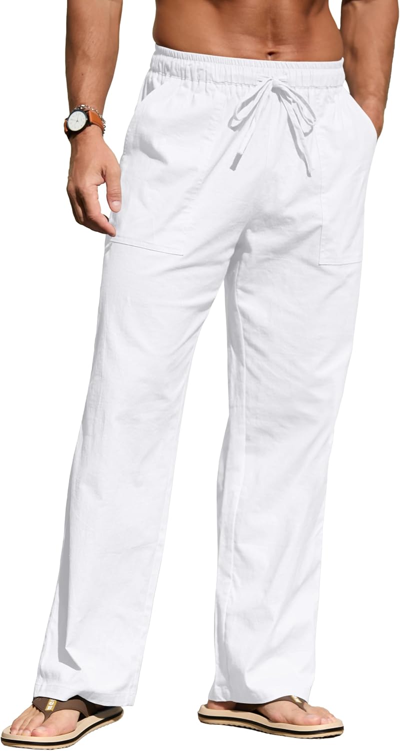 Sailwind Men's Casual Linen Pants Beach Summer Loose Fit Elastic Waist Drawstring Pants Lightweight Linen Trousers