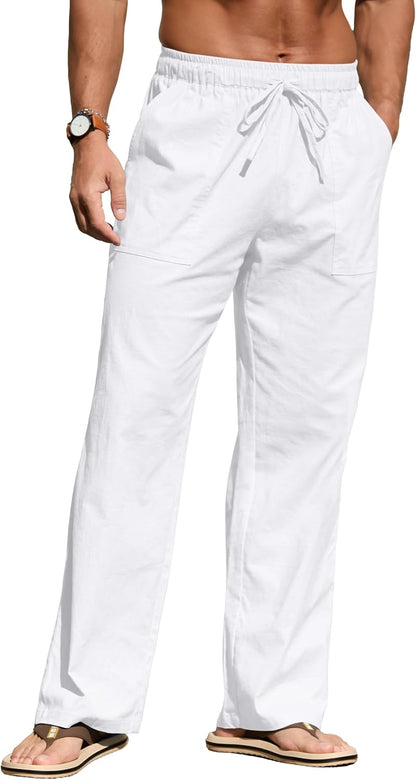 Sailwind Men's Casual Linen Pants Beach Summer Loose Fit Elastic Waist Drawstring Pants Lightweight Linen Trousers