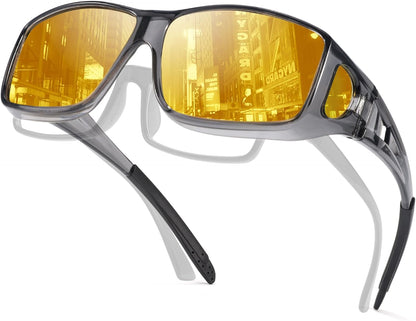 TJUTR Night Vision Driving Glasses Fit Over Eyeglasses for Men Women, Anti-Glare Polarized UV400 Protection Yellow Lens 2612R