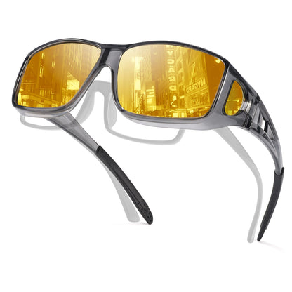TJUTR Night Vision Driving Glasses Fit Over Eyeglasses for Men Women, Anti-Glare Polarized UV400 Protection Yellow Lens 2612R