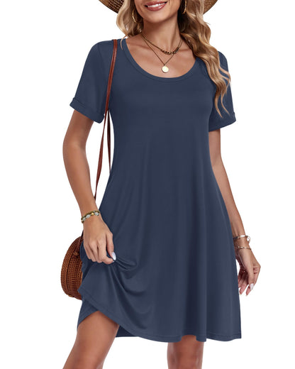 AUSELILY Women's Summer Casual Dresses 2026 Short Sleeve Swing Beach Floral T-Shirt Dress with Pockets
