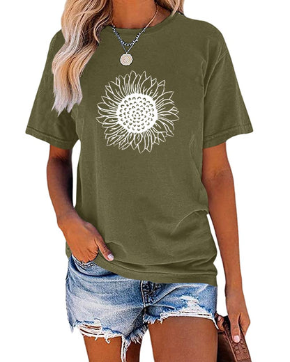 MaQiYa Womens Cute Sunflower Graphic Printed Tee Shirts Vintage Short Sleeve Cotton Shirts Tops