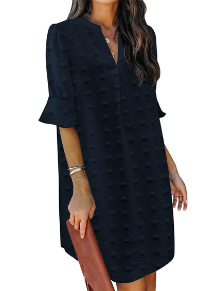 QACOHU Summer Dresses for Women V Neck Ruffle Short Sleeve Casual Shift Dress