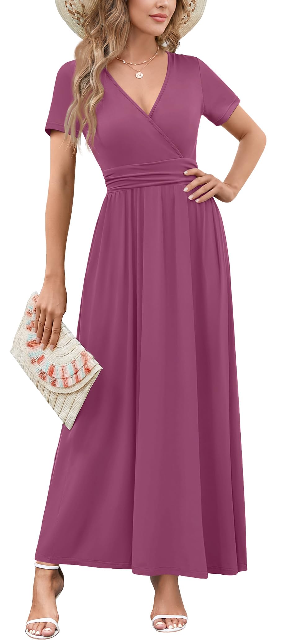 WEACZZY 2026 Summer Long Dresses for Women Wrap Empire Pleated Waist V Neck Short Sleeve Elegant Maxi Dress with Pockets