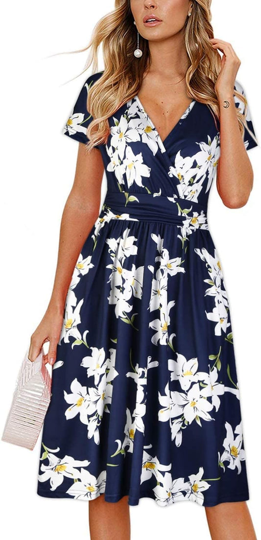 OUGES Casual Summer Dress for Women Wrap V Neck A Line Midi Dresses with Pockets