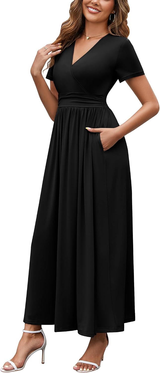 WEACZZY 2026 Summer Long Dresses for Women Wrap Empire Pleated Waist V Neck Short Sleeve Elegant Maxi Dress with Pockets