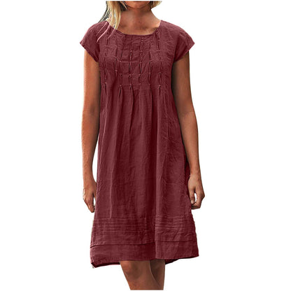 Cotton Linen Dress for Women Plus Size Pleated Dresses Casual Round Neck Short Sleeve Sundress Beach Vacation Dress