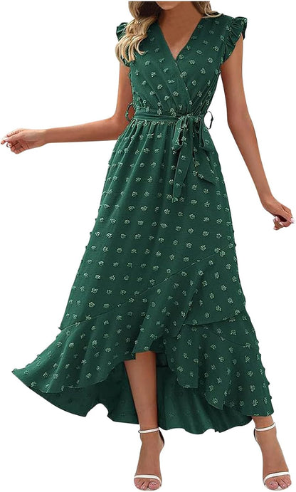 Women's Swiss Dot Dress Criss Cross V Neck Ruffle Wrap Dress Sleeveless Side Split Swing Flowy Long Maxi Dresses