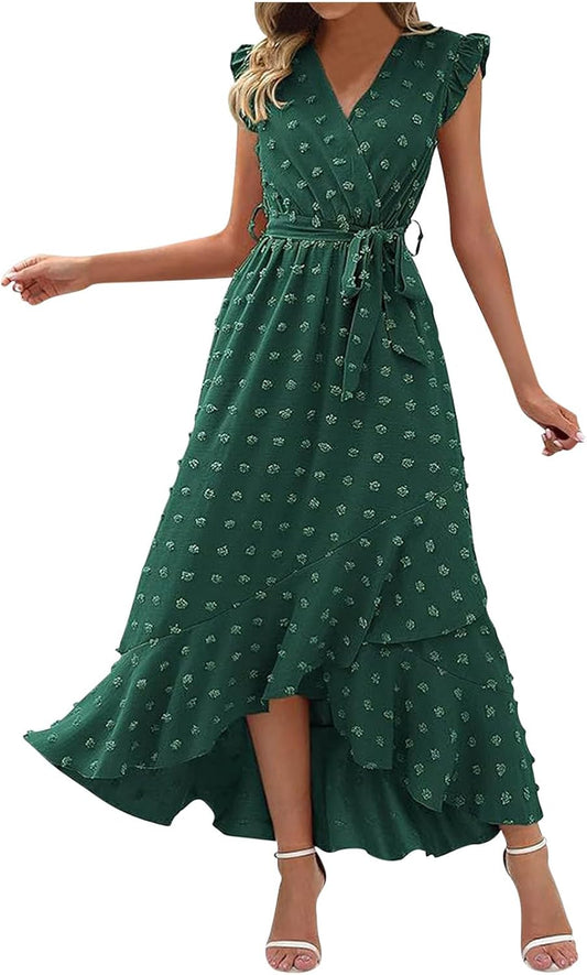 Women's Swiss Dot Dress Criss Cross V Neck Ruffle Wrap Dress Sleeveless Side Split Swing Flowy Long Maxi Dresses