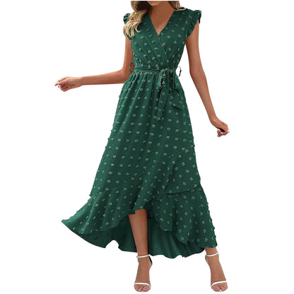 Women's Swiss Dot Dress Criss Cross V Neck Ruffle Wrap Dress Sleeveless Side Split Swing Flowy Long Maxi Dresses