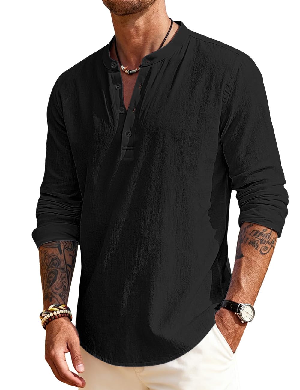 Men's Linen Shirts Henley T-Shirts Long Sleeve Casual Beach T-Shirts Solid Tops Shirts for Men