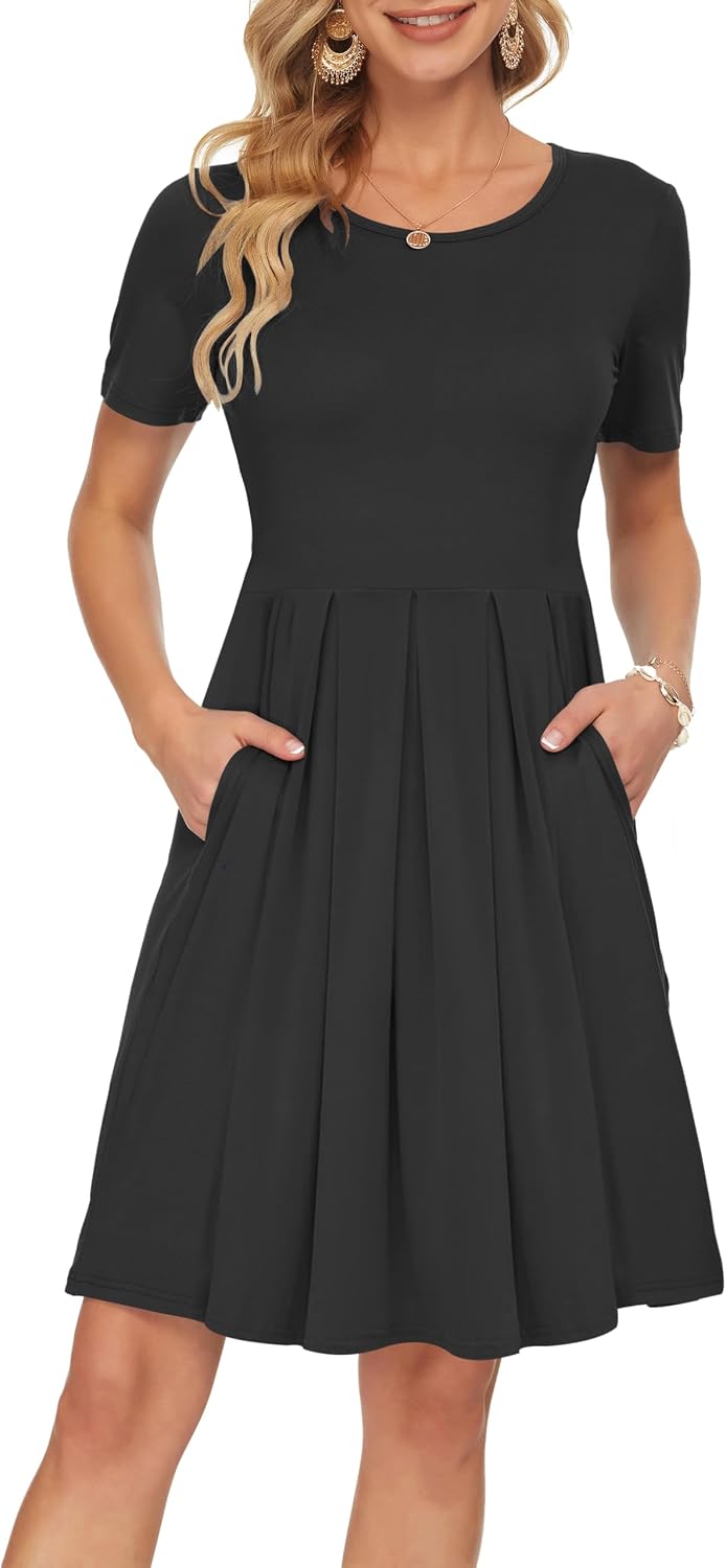 AUSELILY Women's Short Sleeve Summer Dress Pleated Loose Swing Knee Length Dresses with Pockets 2026 New