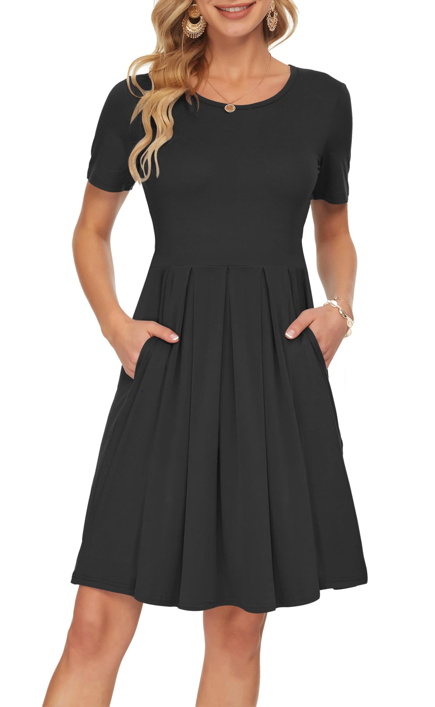AUSELILY Women's Short Sleeve Summer Dress Pleated Loose Swing Knee Length Dresses with Pockets 2026 New