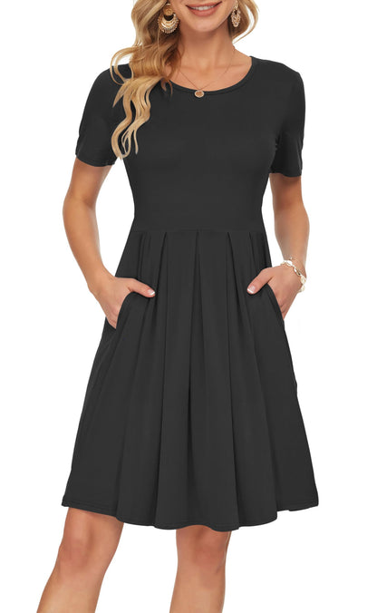 AUSELILY Women's Short Sleeve Summer Dress Pleated Loose Swing Knee Length Dresses with Pockets 2026 New