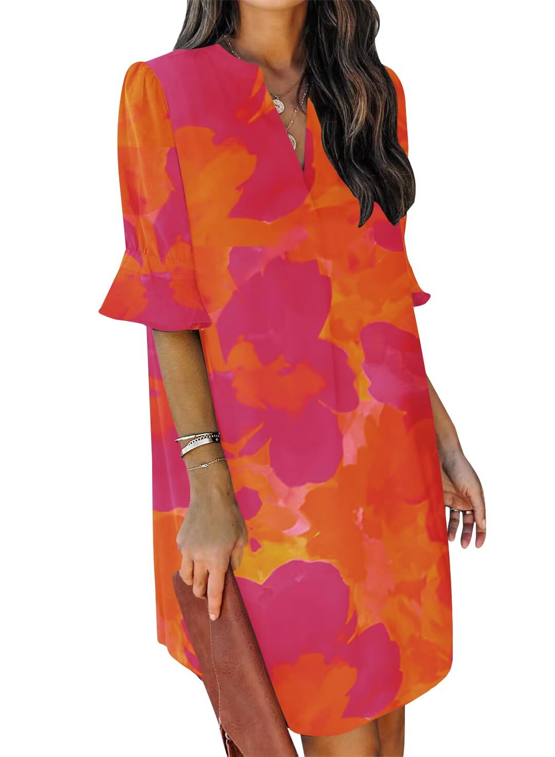 QACOHU Summer Dresses for Women V Neck Ruffle Short Sleeve Casual Shift Dress