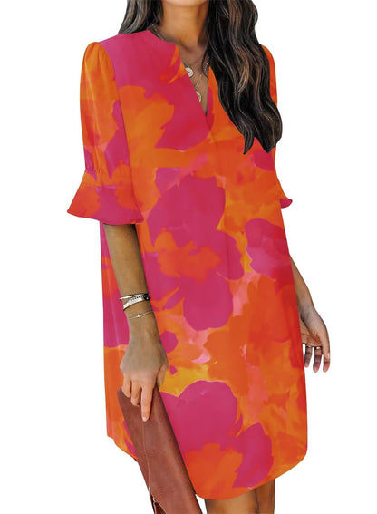 QACOHU Summer Dresses for Women V Neck Ruffle Short Sleeve Casual Shift Dress