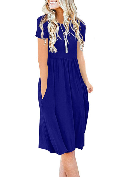 DB MOON Women Summer Casual Short Sleeve Dresses Empire Waist Dress with Pockets