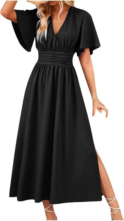 Maxi Dresses for Women Trendy Elegant Short Sleeve V Neck Pleated Swing Flowy Dress Ruffle Tiered Smocked Long Dress