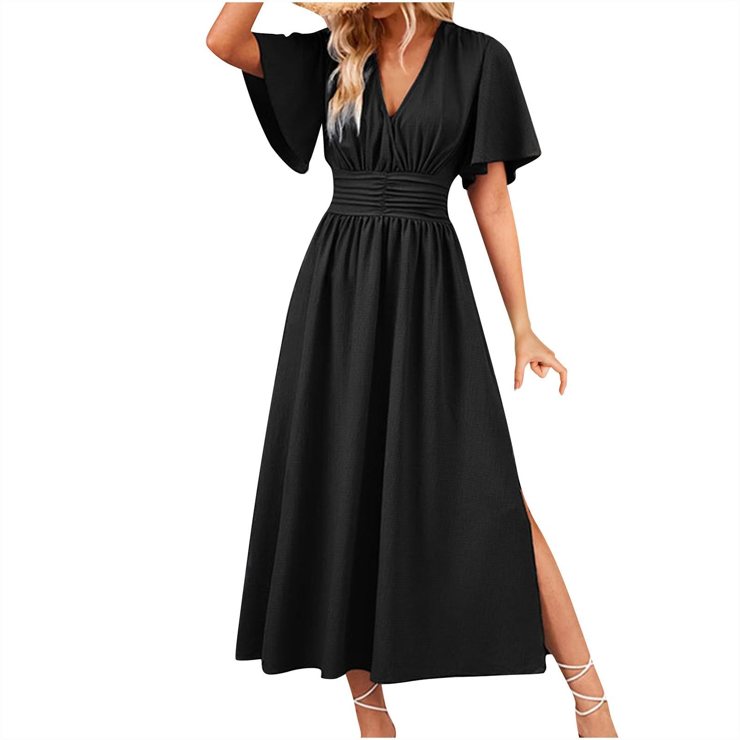 Maxi Dresses for Women Trendy Elegant Short Sleeve V Neck Pleated Swing Flowy Dress Ruffle Tiered Smocked Long Dress