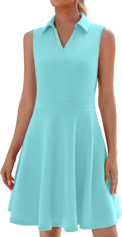 WEACZZY Womens Summer Dresses Casual Collared V Neck Mini Dress Sleeveless Tennis Golf Dress with Pockets