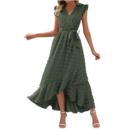 Women's Swiss Dot Dress Criss Cross V Neck Ruffle Wrap Dress Sleeveless Side Split Swing Flowy Long Maxi Dresses