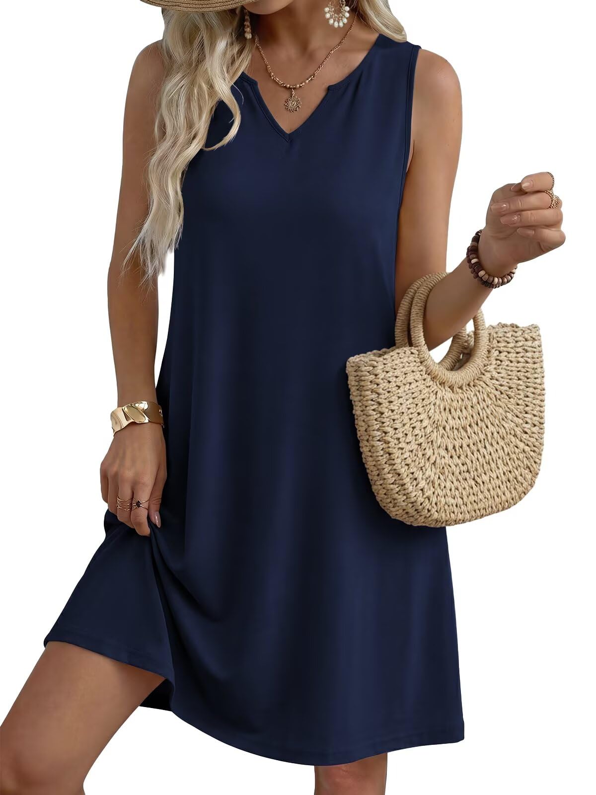 QACOHU Women's Summer Sleeveless V Neck Mini Dress with Pockets Casual Sundress Beach Dresses for Women 2026